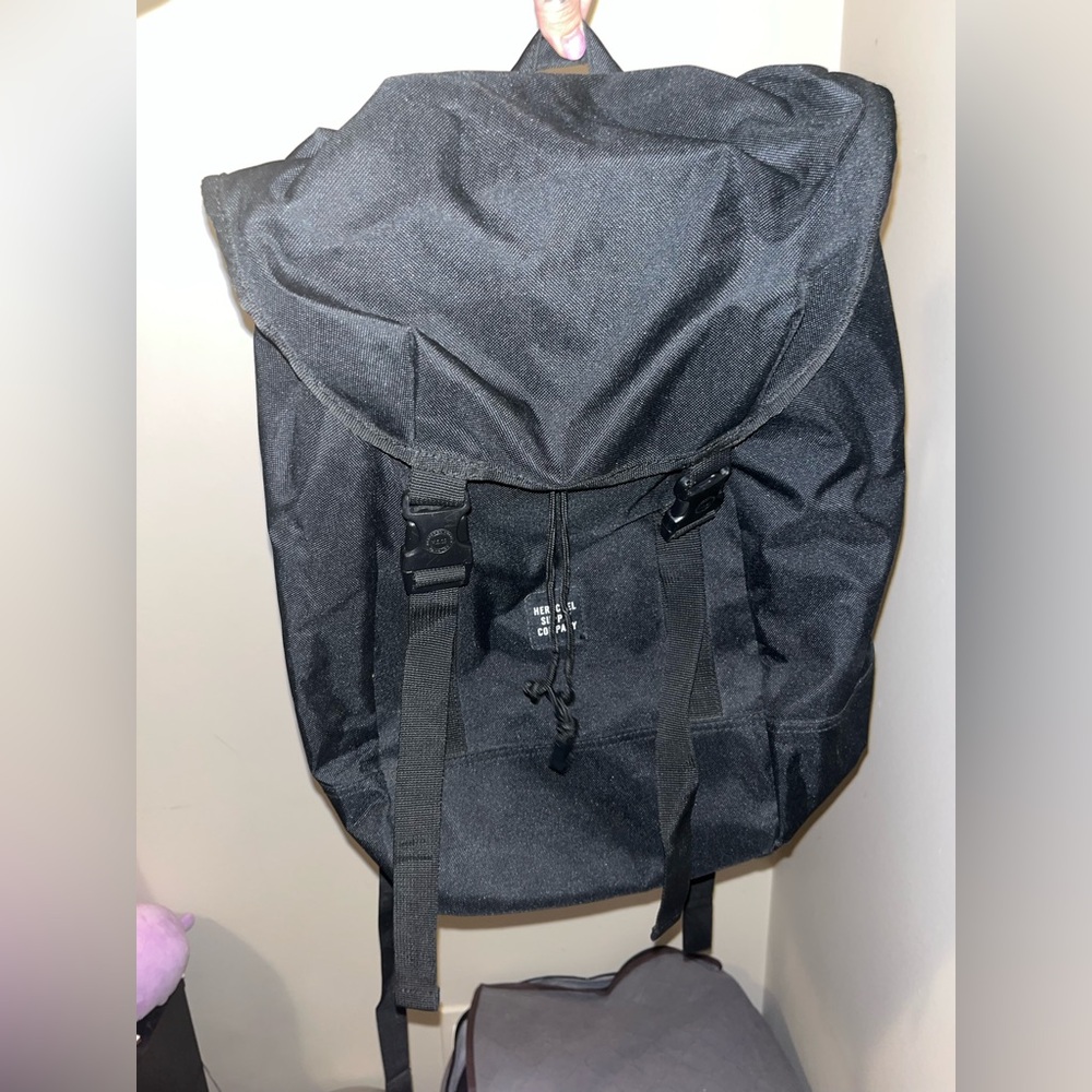 Black Herschel Drawstring Backpack with Buckle Straps